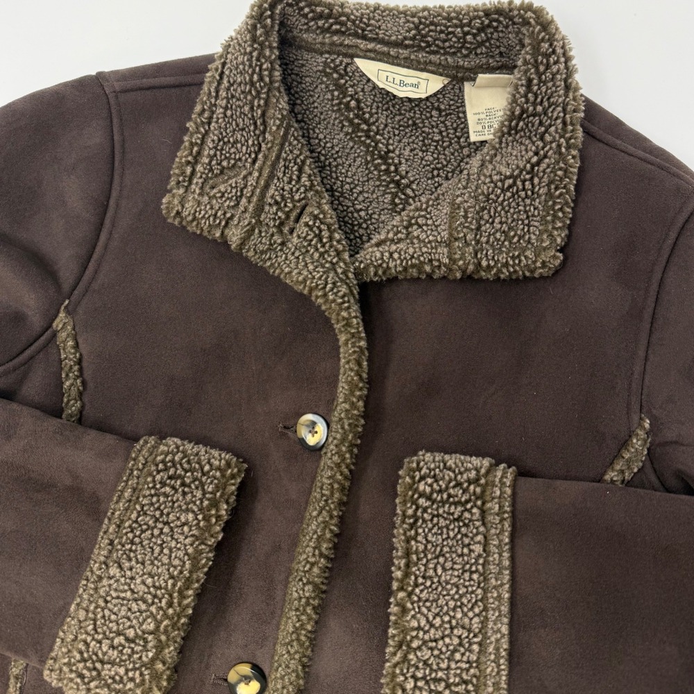 LL Bean Womens Brown Faux Shearling Suede Sherpa Lined Long Coat Small 0BCT4